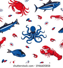 Seamless pattern with seafood in a tricolor range. Vector illustration, background, wallpaper for restaurant, fish market, cuisine, print for fabric