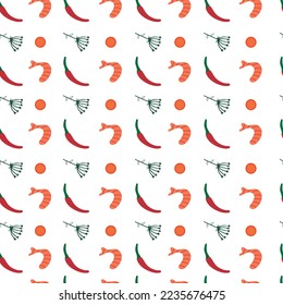 Seamless pattern with seafood. Vector illustration of shrimp, chili pepper and red caviar.	