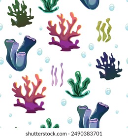 Seamless pattern with seagrass, corals, and various underwater plants in a beautiful gradient of green, purple, and blue on white background. For textile, paper, wallpaper