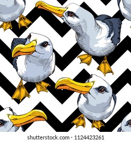 Seamless pattern. Seagull (Albatross) on a geometric sea background. Vector illustration.