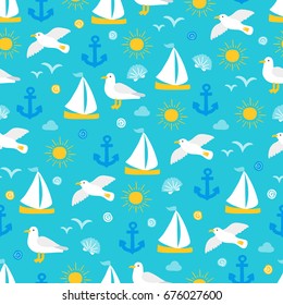 Seamless pattern with seagull, anchor, shell and sailing boat on blue background