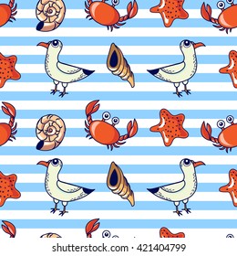  seamless pattern with seagull, crab and shell