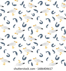 Seamless pattern of Seagull and herring, sea theme, white, yellow, blue, green colors.Texture, vector illustration, background, design, print.