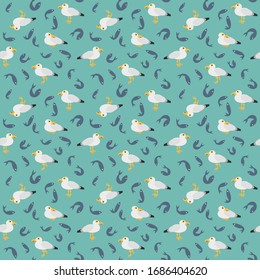 Seamless pattern of Seagull and herring, sea theme, white, yellow, blue, green colors.Texture, vector illustration, background, design, print.