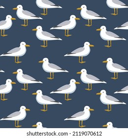 Seamless pattern with a seagull on a dark blue background.