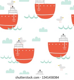 Seamless pattern with seagull and ship. Kids cute print. Vector hand drawn illustration.