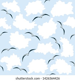Seamless pattern with seagulls and clouds. Flat style repeat background texture, great for packaging, fabrics, prints and postcards, greeting cards, home decor, wallpaper, apparel design and more.