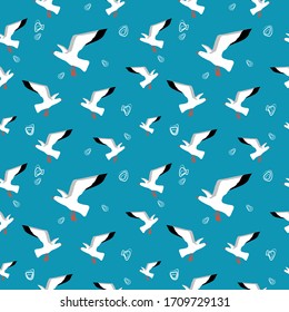  Seamless pattern: seagulls and doodles on a blue background. flat vector. illustration