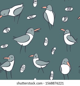 Seamless pattern with seagulls. Hand drawn vector illustration. The sketch drawing.