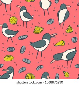 Seamless pattern with seagulls. Hand drawn vector illustration. The sketch drawing.