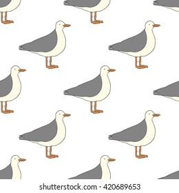 Seamless pattern with seagulls. Hand drawn illustration. Vector. Cartoon style.