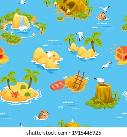 Seamless pattern with seagulls, islands, sea, waterfall, cave, treasure, in bright colors. Vector illustration.