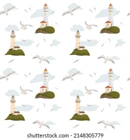 Seamless pattern with seagulls and lighthouses. Marine concept. Perfect for product design, scrapbooking, textile, wrapping.