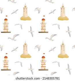 Seamless pattern with seagulls and lighthouses. Marine concept. Perfect for product design, scrapbooking, textile, wrapping.