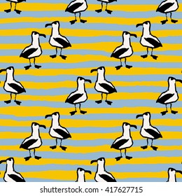 Seamless pattern with seagulls and marine strip . Hand drawn background.