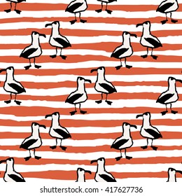 Seamless pattern with seagulls and marine strip . Hand drawn background.