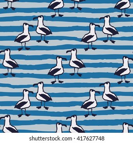 Seamless pattern with seagulls and marine strip . Hand drawn background.
