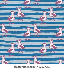 Seamless pattern with seagulls and marine strip . Hand drawn background.