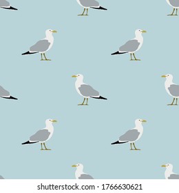 Seamless pattern with seagulls on a blue background. Sea gull. Wallpaper, print, wrapping paper, modern textile design, banner, poster. Vector illustration.