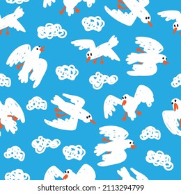 Seamless pattern with seagulls on a blue background