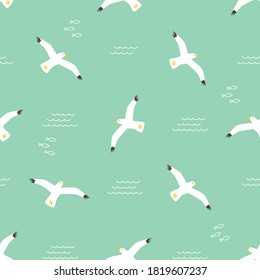 Seamless pattern with seagulls on green background. Modern design for fabric and paper, surface textures.