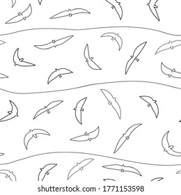 Seamless pattern with seagulls. Outline black and white birds flying. Marine design for textile, wallpaper, decoration, cards, package, coloring book. Vector stock illustration, endless texture