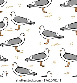 Seamless pattern with seagulls and sand. Cute cartoon seagulls on a coast. Summer vacation. Good for print.