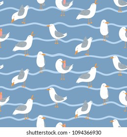 Seamless pattern with seagulls and waves. Cute cartoon seagulls on a coast. Summer vacation. Good for print.