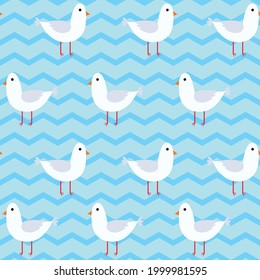 Seamless pattern with seagulls and zigzags. Sea background with waves and seagulls in blue.