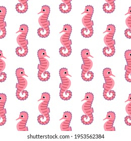 Seamless pattern of seahorse in cartoon style. Wallpaper sea life. Cute red seahorse background. Isolated on white background
