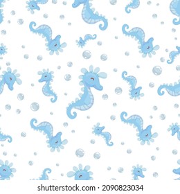 Seamless pattern with seahorse. Cartoon vector graphics.