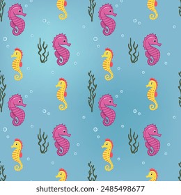 Seamless pattern with seahorse. Cute marine animals. Colorful background with underwater characters.