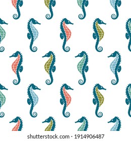 seamless pattern with seahorse isolated on white background