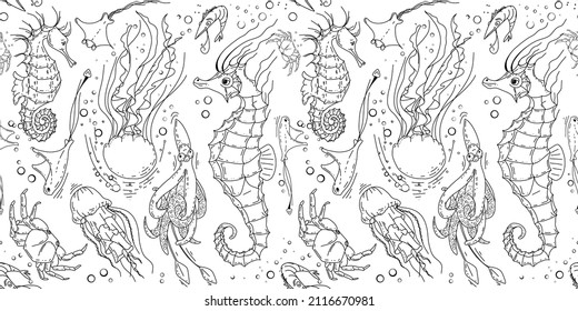 Seamless pattern with seahorse and jellyfish. Pattern with marine inhabitants for background and design. Set of  hand drawn clams for design. Set of isolated marine inhabitants on a white background.