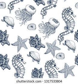 seamless pattern, seahorse, jellyfish, seashells, hand drawing vector