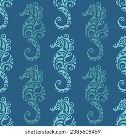 seamless pattern with seahorse maori style. Blue colors
