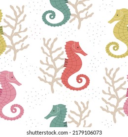 Seamless pattern with a seahorse on a white background. Beautiful baby wallpaper.