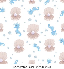 Seamless pattern with seahorse and pearl. Cartoon vector graphics.