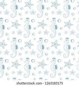 Seamless pattern of seahorse and sea stars. Vector illustration.