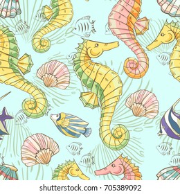 Seamless pattern with seahorse, shells and fish on blue background