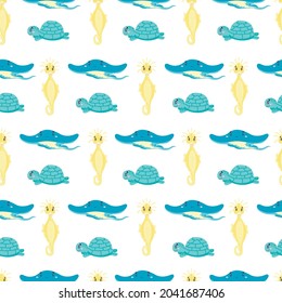 seamless pattern with seahorse, stingray, turtle. pastel colors, yellow, blue, turquoise. cartoon flat style. underwater world, marine theme, ocean animals