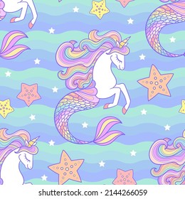 Patrón sin mar con caballito de mar, unicornio y pez estrella. Para los fondos de diseño de bebés, fondos de pantalla, impresiones, tela, papel de envoltura, scrapbooking, etc. Vector