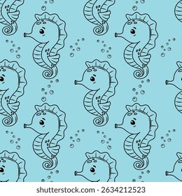 Seamless pattern with seahorses and air bubbles. Vector. Sea background. Ideal for wallpaper, packaging, fabrics, prints and textiles.