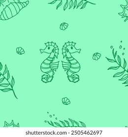 Seamless pattern with seahorses, corals, sea shells, underwater life, hand drawn. Vector seamless pattern. Suitable for textiles, covers, wall wallpaper, packaging, children's prints, etc.