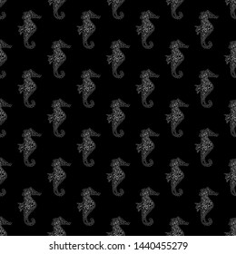 Seamless pattern of seahorses isolated on black background. Hand drawn seamless illustration. Outline.