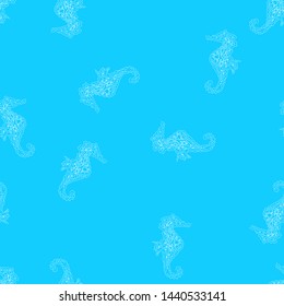 Seamless pattern of seahorses isolated on blue background. Hand drawn seamless illustration. Outline.