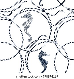 Seamless pattern with seahorses and  marine ropes. Vector illustration on a white background.