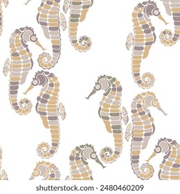 Seamless pattern with seahorses on white. Vector. Marine hand-drawn background. Monochrome. Pastel colors. Perfect for wallpaper, wrapping, fabric and textile. 