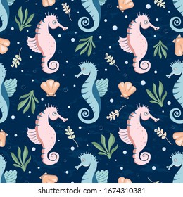 Seamless pattern with seahorses, seashells and underwater plants. Vector illustration.