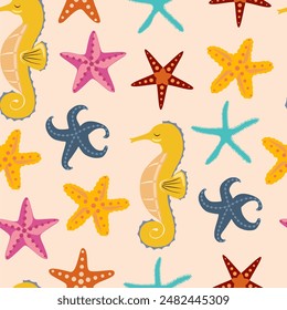 Seamless pattern with seahorses and seastars. Nautical children's pattern. Vector art